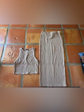 Saints Ribbed Knit Two-Piece Set in Beige